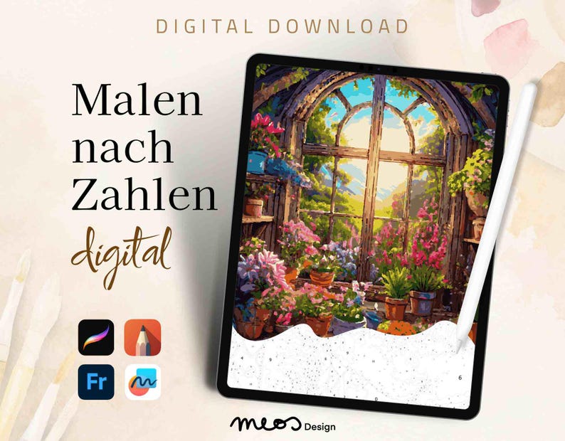 May include: Digital download of a paint by numbers image featuring a window with a view of a garden. The image is displayed on a tablet screen with a stylus nearby. The text "Malen nach Zahlen digital" is displayed on the screen.