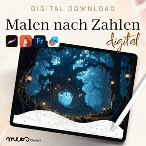 May include: A digital paint by numbers file displayed on a tablet screen, featuring a dark, enchanted forest scene with glowing lanterns and a hollow tree. The screen shows the artwork alongside a white stylus and software icons for digital painting.