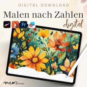 Paint by Numbers digital adults, Procreate, Sketchbook, Fresco, Coloring template A Burst of Colorful Blooms