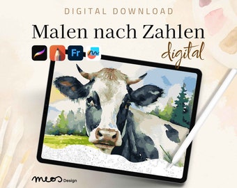 Paint by Numbers Digital Adults, Procreate, Sketchbook, Fresco, Coloring Page Cow, Animal Country Life