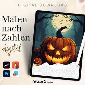 May include: Digital download of a Halloween artwork on a tablet. The image shows a carved pumpkin with glowing eyes and a full moon in a dark forest. Text on the screen reads "Malen nach Zahlen digital". A white stylus rests on the tablet.