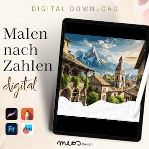 Puede incluir: Descarga digital de una imagen de pintura por números que representa un pueblo de montaña. La imagen se muestra en la pantalla de una tableta con un lápiz óptico cerca. El texto "Malen nach Zahlen digital" es visible en la pantalla.