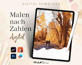 Malen nach Zahlen digital Erwachsene, Procreate, Sketchbook, Fresco, Malvorlage Herbst, Landschaft, Entspannen