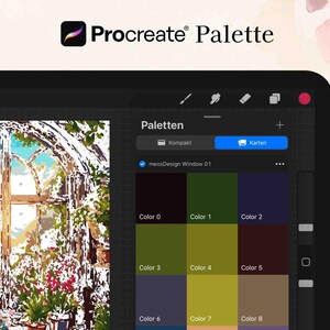 May include: A screenshot of the Procreate app on an iPad showing a color palette with eight different colors. The colors are labeled "Color 0" through "Color 8". The palette is being used to create a digital painting of a window with a view of a garden.