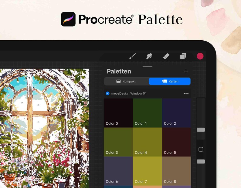 May include: A screenshot of the Procreate app on an iPad showing a color palette with eight different colors. The colors are labeled "Color 0" through "Color 8". The palette is being used to create a digital painting of a window with a view of a garden.