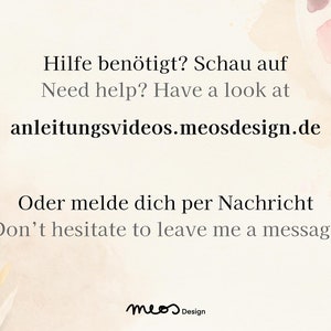 May include: A watercolor palette with paintbrushes and the text "Hilfe ben&ouml;tigt? Schau auf Need help? Have a look at anleitungsvideos.meosdesign.de Oder melde dich per Nachricht Don't hesitate to leave me a message meos Design".