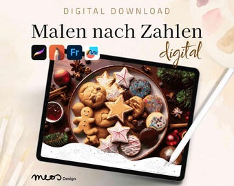 Paint by Numbers digital adults, Procreate, Sketchbook, Fresco, Coloring template Festive Cookie Plate