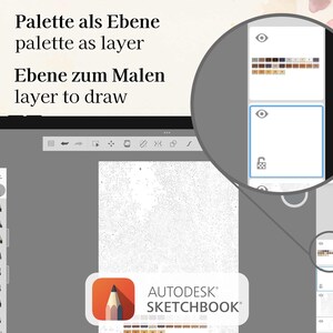 K&ouml;nnte beinhalten: Ein Screenshot der Autodesk Sketchbook App auf einem Tablet. Die App ist auf einer leeren Leinwand mit grauem Hintergrund ge&ouml;ffnet. Die Werkzeugleiste der App ist auf der linken Seite des Bildschirms sichtbar. Eine Farbpalette ist auf der rechten Seite des Bildschirms sichtbar. Der Text "Palette als Ebene" und "palette as layer" ist oben auf dem Bildschirm sichtbar. Der Text "Ebene zum Malen" und "layer to draw" ist unter dem ersten Text sichtbar.