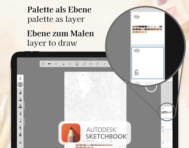 K&ouml;nnte beinhalten: Ein Screenshot der Autodesk Sketchbook App auf einem Tablet. Die App ist auf einer leeren Leinwand mit grauem Hintergrund ge&ouml;ffnet. Die Werkzeugleiste der App ist auf der linken Seite des Bildschirms sichtbar. Eine Farbpalette ist auf der rechten Seite des Bildschirms sichtbar. Der Text "Palette als Ebene" und "palette as layer" ist oben auf dem Bildschirm sichtbar. Der Text "Ebene zum Malen" und "layer to draw" ist unter dem ersten Text sichtbar.