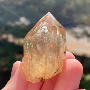 Peut inclure: Cristal de couleur ambre clair, taillé en facettes, avec une pointe. Le cristal est tenu dans une main, avec un arrière-plan vert flou. La base du cristal est naturelle et rugueuse, et sa surface est lisse et polie.