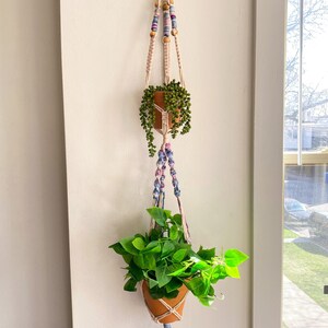 May include: A macrame plant hanger with two terracotta pots and green plants. The hanger is made with natural colored cord and has colorful beads.