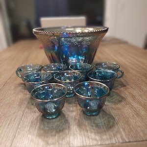 Indiana Glass Princess Blue Carnival Glass Punchbowl with Nine Glasses