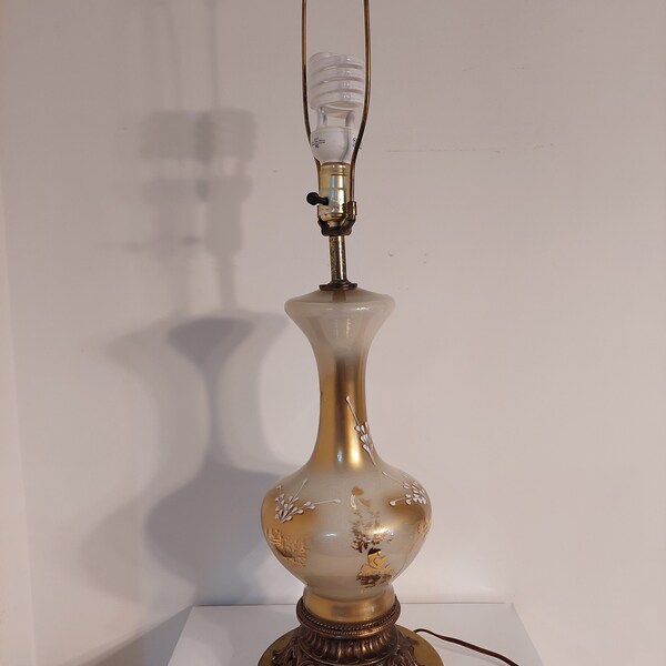 Table Lamp Hollywood Regency Vintage Mid Century Glass Brass Handpainted Shiny Metallic