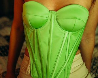 Corset vert fluo avec bonnets | Satin de haute qualité | Corset à lacets avec bonnets | Corset vert fluo électrique | Chartreuse