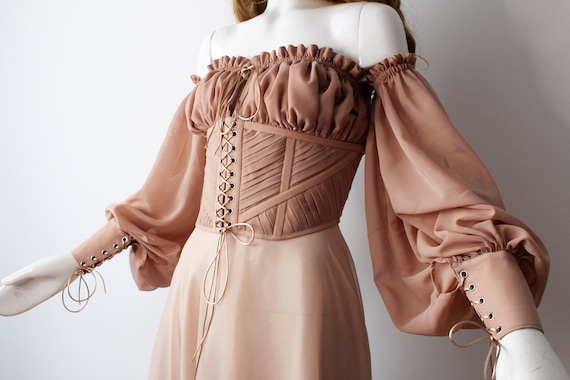 Buy Beige Lace up Pleated Corset Top With Puff Sleeves, off the Shoulder  Sleeves & Ruched Bust Chiffon Online in India 