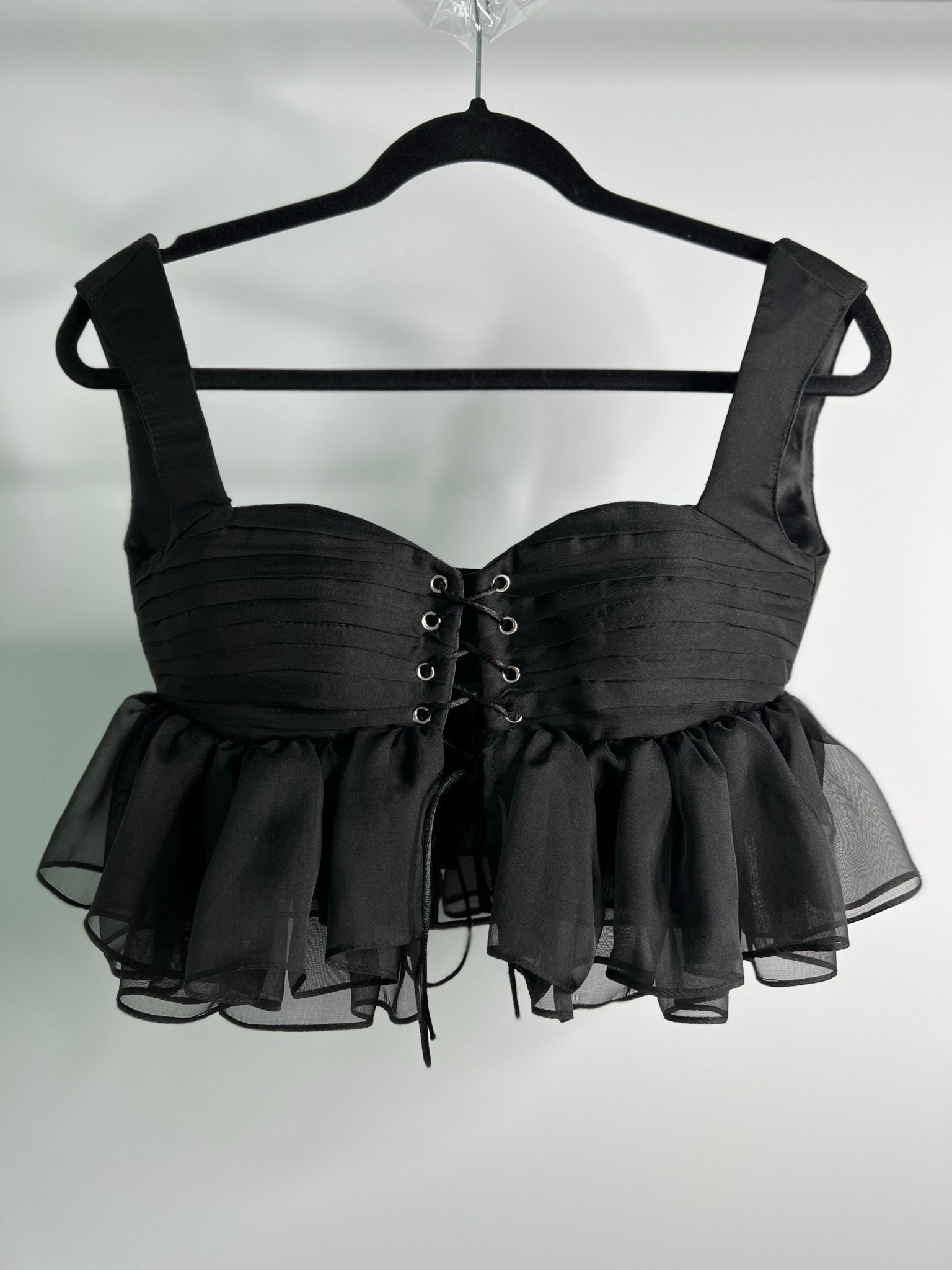 Black Silk Chiffon Lace up Crop Top With Ruffles off the - Etsy