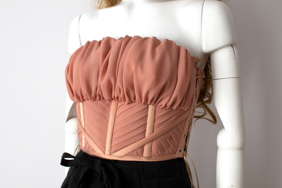 Copper Beige Lace up Pleated Corset Top With Ruched Bust Chiffon