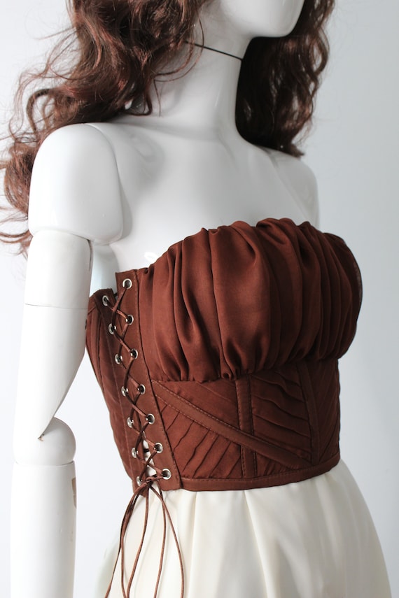 Brown Lace up Pleated Corset Top With Gathered Bust Silk Chiffon