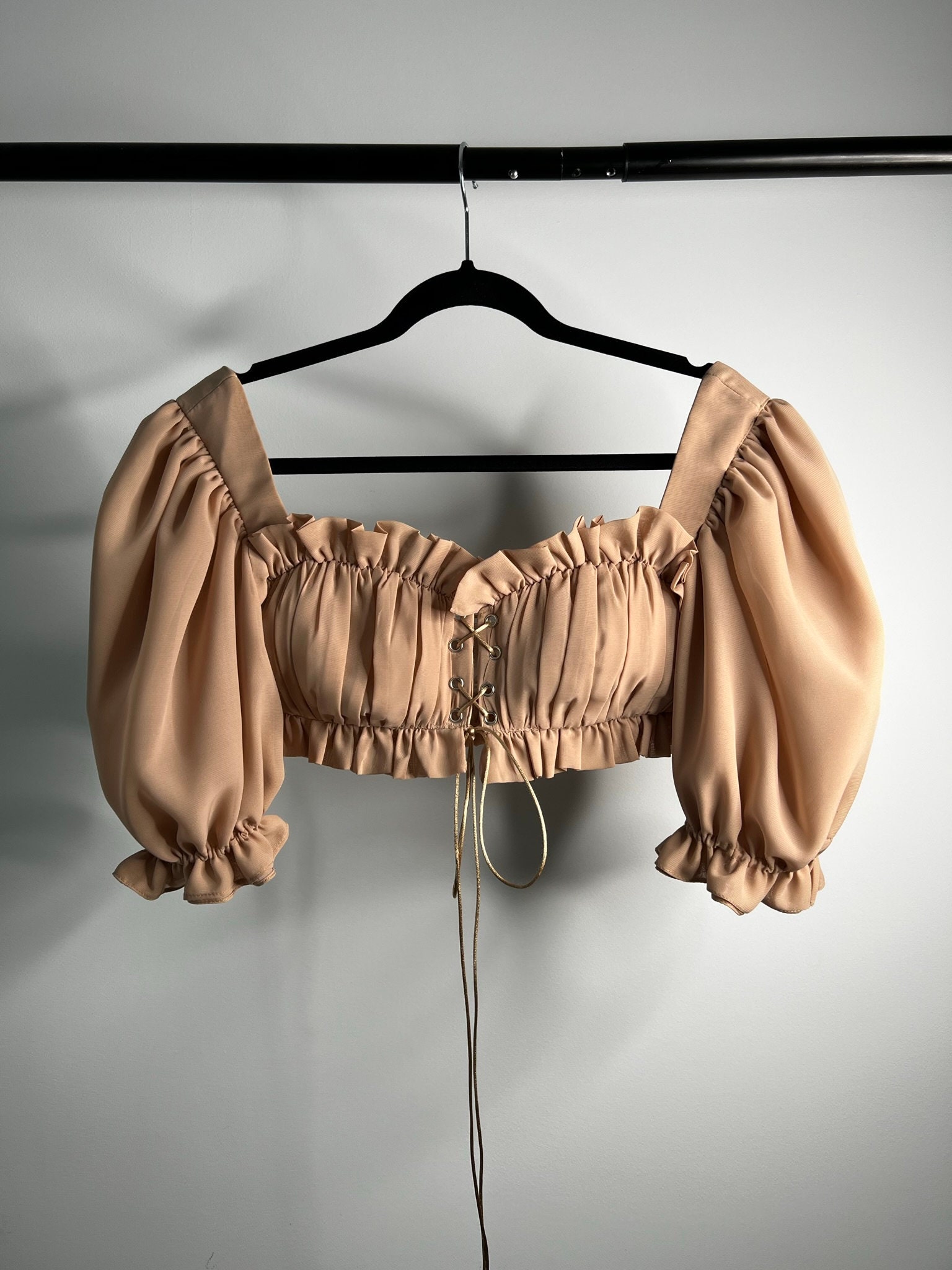 Lace up Beige Crop Top With Puff Sleeves and Bra Foam Cups - Etsy