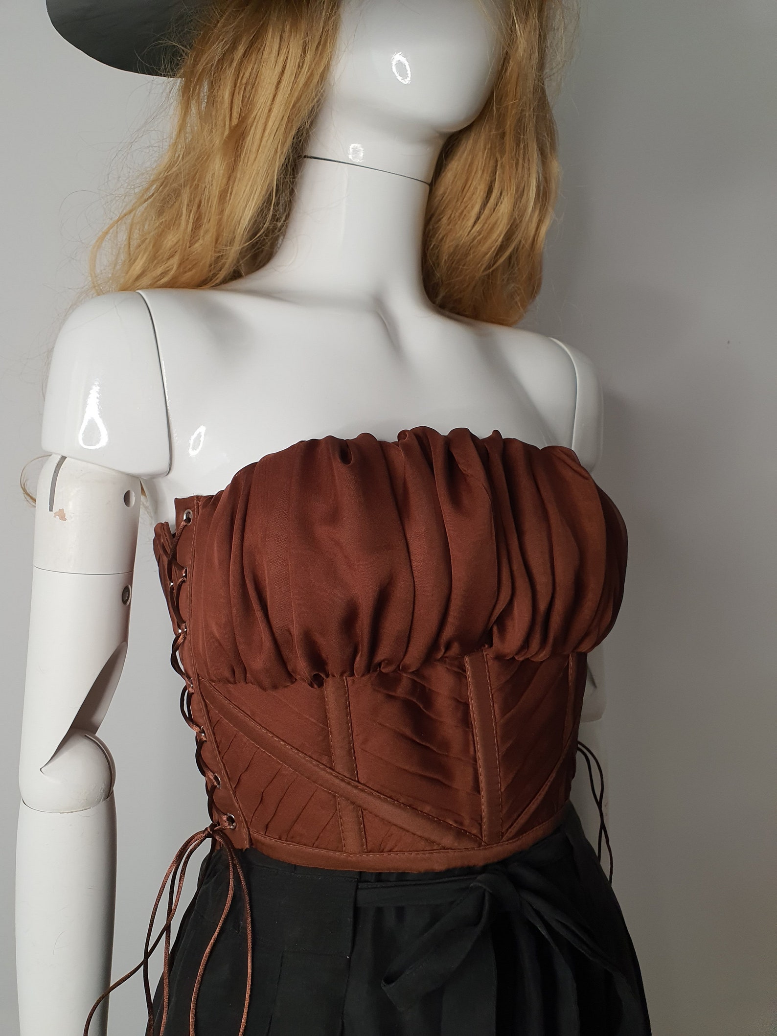 Brown Lace up pleated Corset Top with gathered Bust silk Etsy