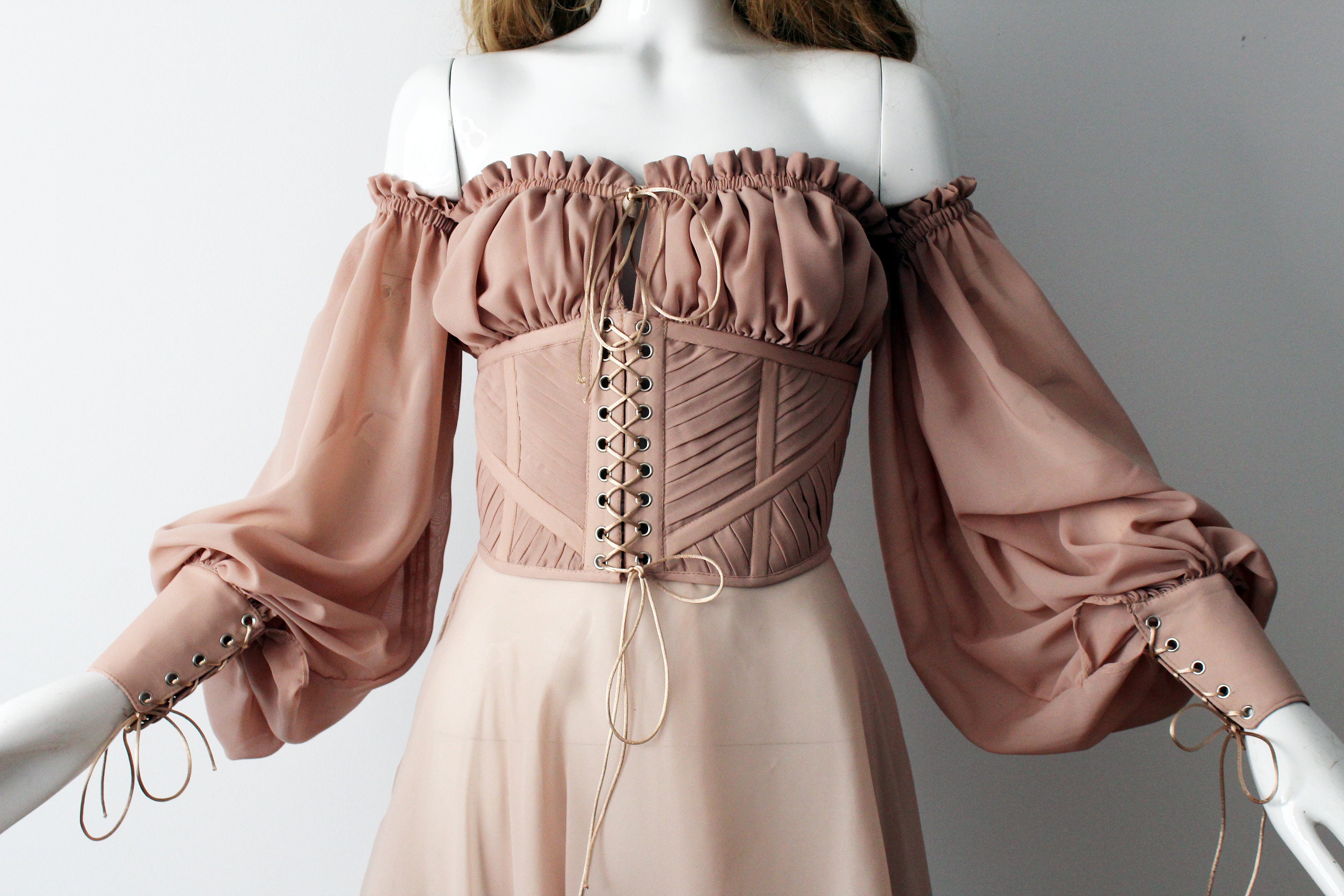 Beige Lace up Pleated Corset Top With Puff Sleeves, off the Shoulder  Sleeves & Ruched Bust Chiffon -  New Zealand