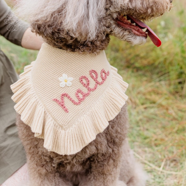 Custom Knitted Dog Bandana with Hand Embroidered Name Reversible Bandana