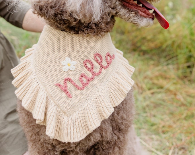 Custom Knitted Dog Bandana with Hand Embroidered Name Reversible Bandana