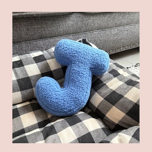 May include: A blue, plush letter "J" pillow. The pillow is made of a soft, textured material and is resting on a black and white checkered cushion. The background includes a gray couch and a light-colored floor.