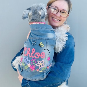 Personalized Denim Jacket for Dogs - Hand Embroidered Floral Spring Dog Jacket | Unique Pet Gifts
