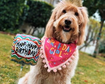 Birthday Girl Dog Bandana: Confetti Print, Pink Pom Poms, for