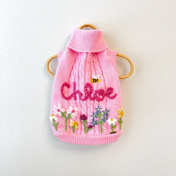 Handmade Custom Dog Sweater: Embroidered Flowers & Name, Personalized Pet Gift