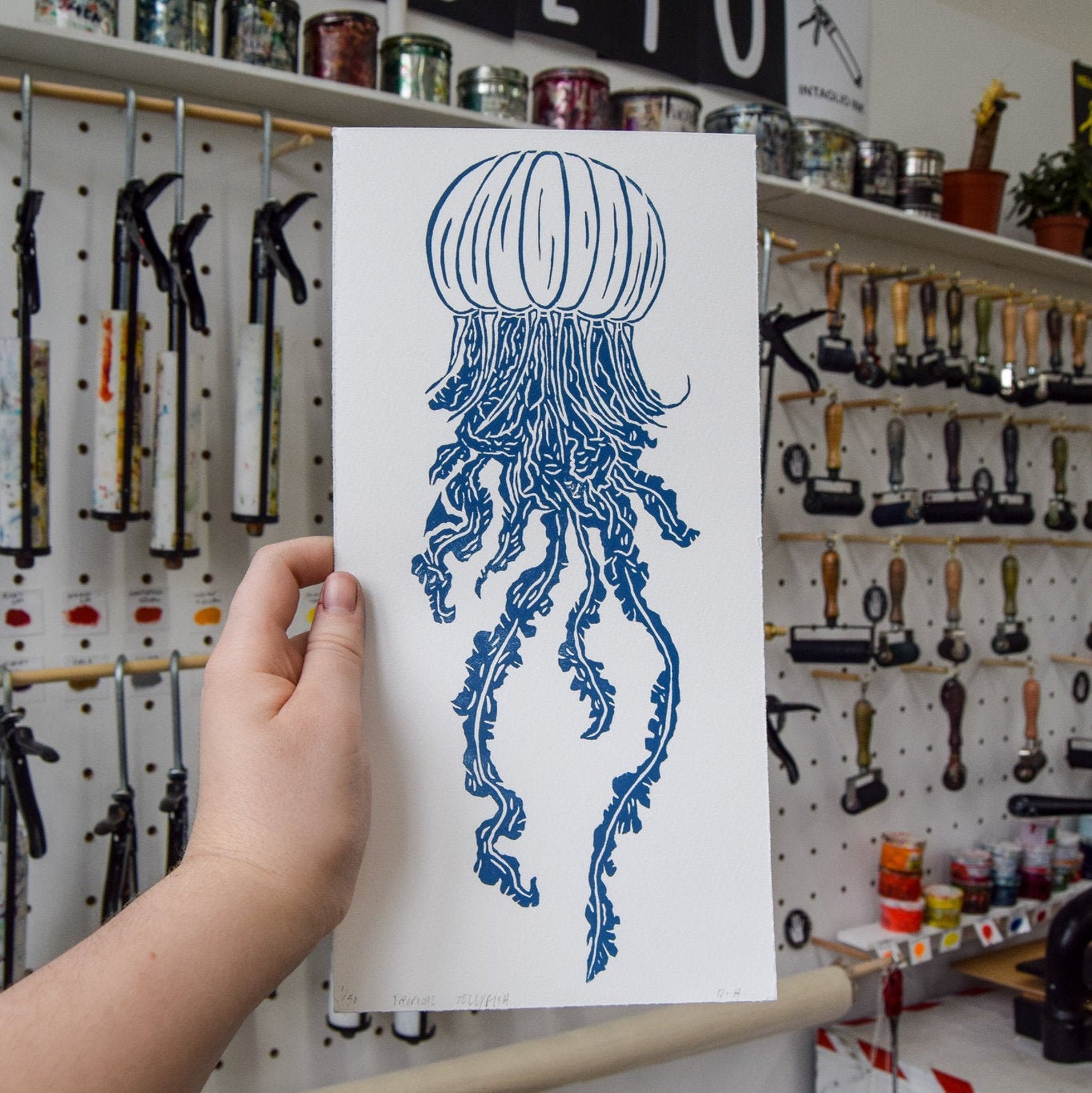 Original Tropical Jellyfish lino print wood & linocut Etsy