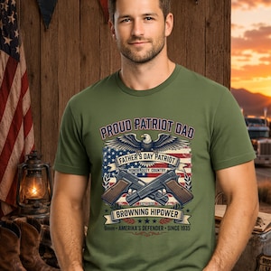 Proud Patriot Dad Browning HiPower Tee | American Flag, Eagle, Firearms image 1