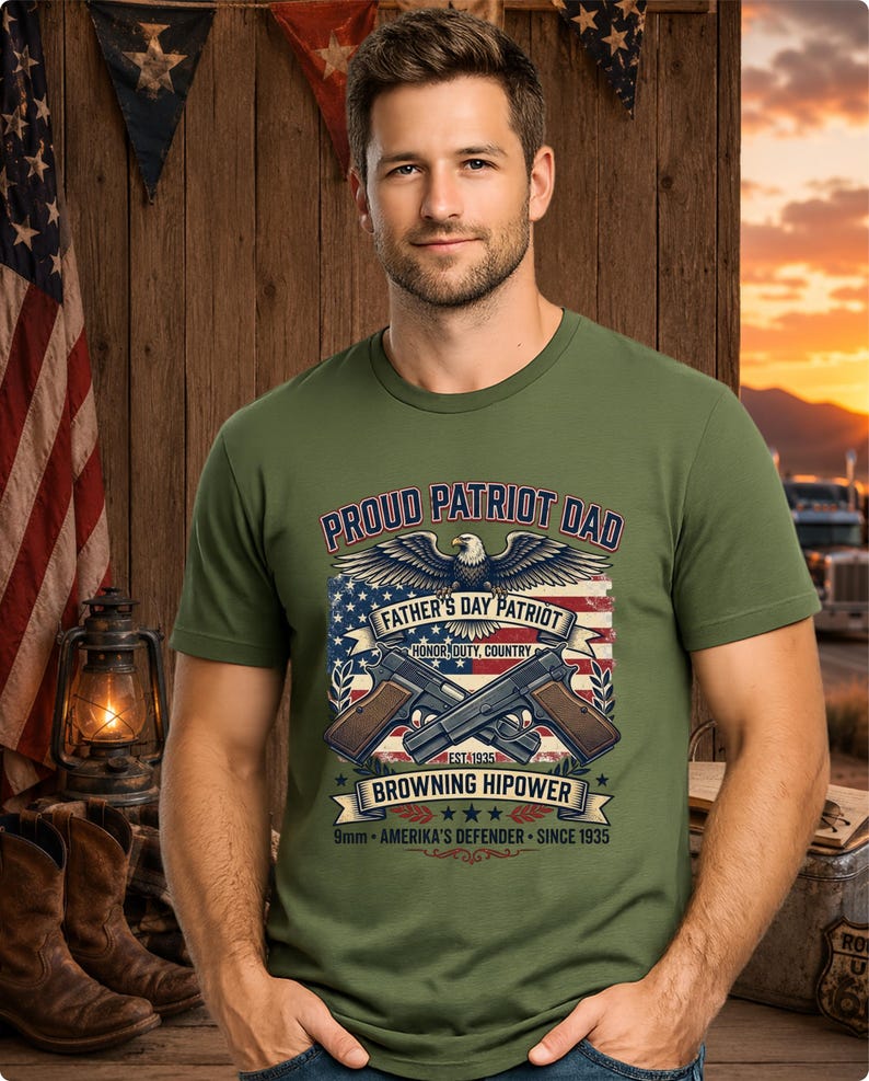 Proud Patriot Dad Browning HiPower Tee | American Flag, Eagle, Firearms image 1