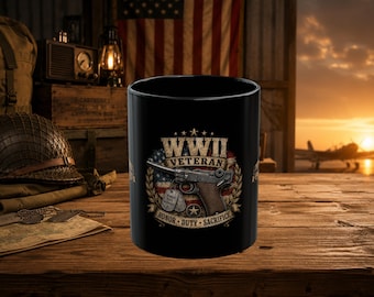 WWII Veteran emblem Fathers Day Mug | Black ceramic mug, Honor Duty Sacrifice design