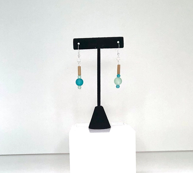 Green Frosted Glass and Wood Bead Earrings