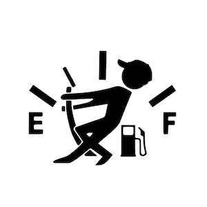 May include: Black and white illustration of a stick figure pushing a gas gauge needle towards the full mark. The gauge is labeled "E" for empty and "F" for full.