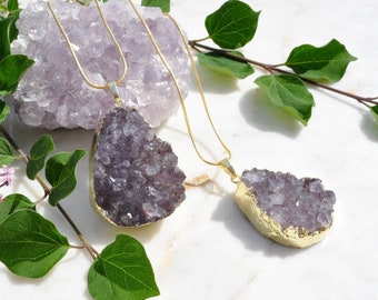 Natural amethyst raw cluster necklace, Purple crystal gemstone pendant, 18K gold plated necklace