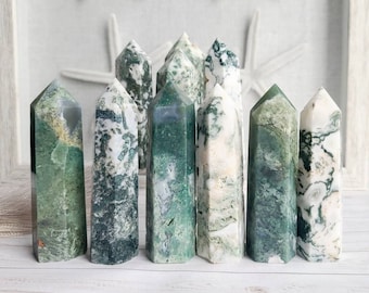 Druzy Moss Agate Point: Healing Crystal Tower, Home Decor