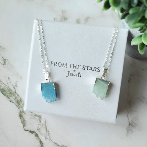 Pendentif en cristal druzy brut tranche d'agate verte, collier en argent sterling avec pierres précieuses en cristal bleu