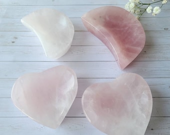 Tazón de luna de corazón de cristal de cuarzo rosa, plato de joyería de cristal rosa