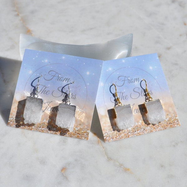 Boucles d'oreilles en argent sterling vermeil or 24 carats tranche d'agate blanche, cristal d'agate bord brut naturel