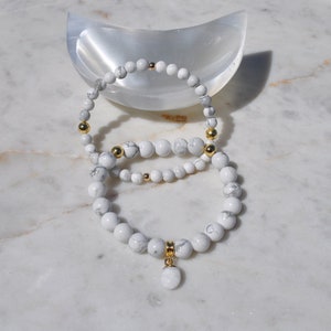 Howlite Bracelet Stack: 22K Gold Plated Charm, Healing Crystal