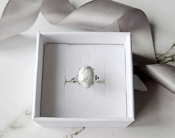Howlite crystal silver plated adjustable ring, calming meditation gemstone ring
