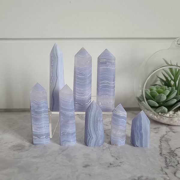 Blue lace agate crystal tower, Blue lace white banding rare crystal point