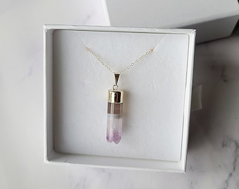 Amethyst cylinder raw edge pendant, Natural crystal gemstone 18K gold plated necklace