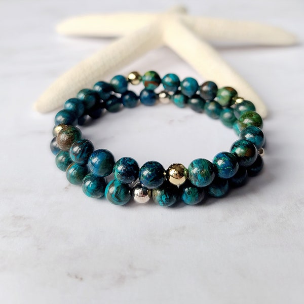 Chrysocolla with sterling silver 22k gold filled accents bracelet, tranquil healing meditation bracelet