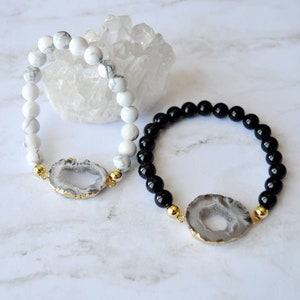 Agate Druzy Charm Bracelet: Onyx or Howlite, 22k Gold Filled