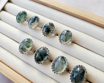 Moss agate crystal sterling silver adjustable ring, moss agate gemstone ring