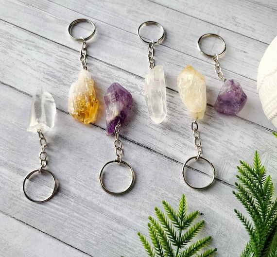 Crystal quartz keychain, amethyst citrine healing meditation anxiety raw crystal